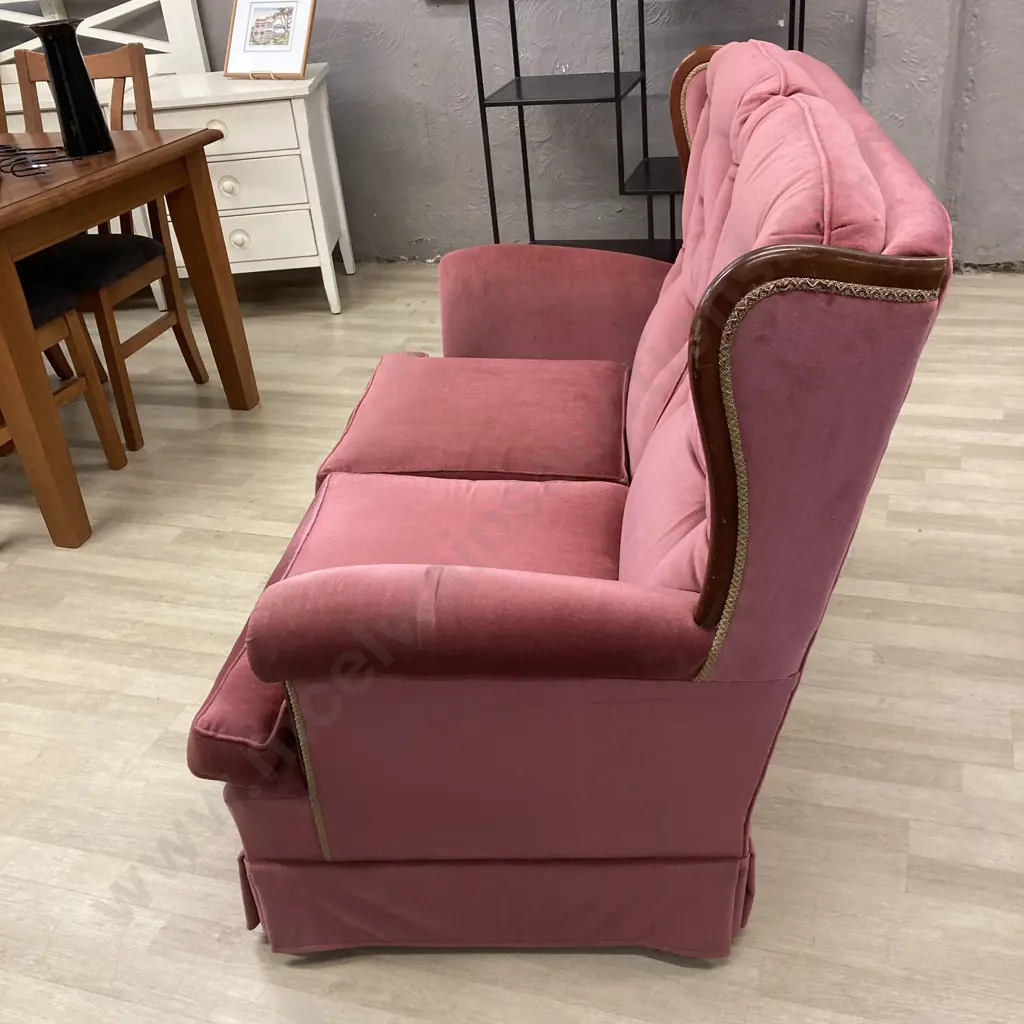 Wingback Mahogany Framed Couch, Rose Colour Draylon Button Backed & Braiding On Arms Image 1++